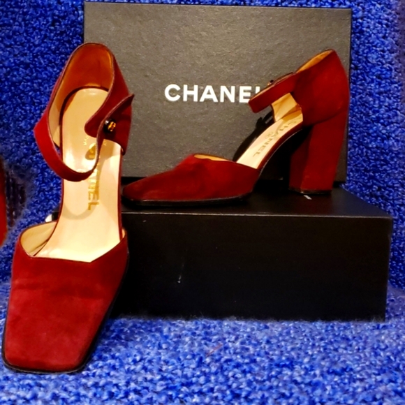 CHANEL Shoes - Chanel Authentic Burgundy Suede Stacked Heels